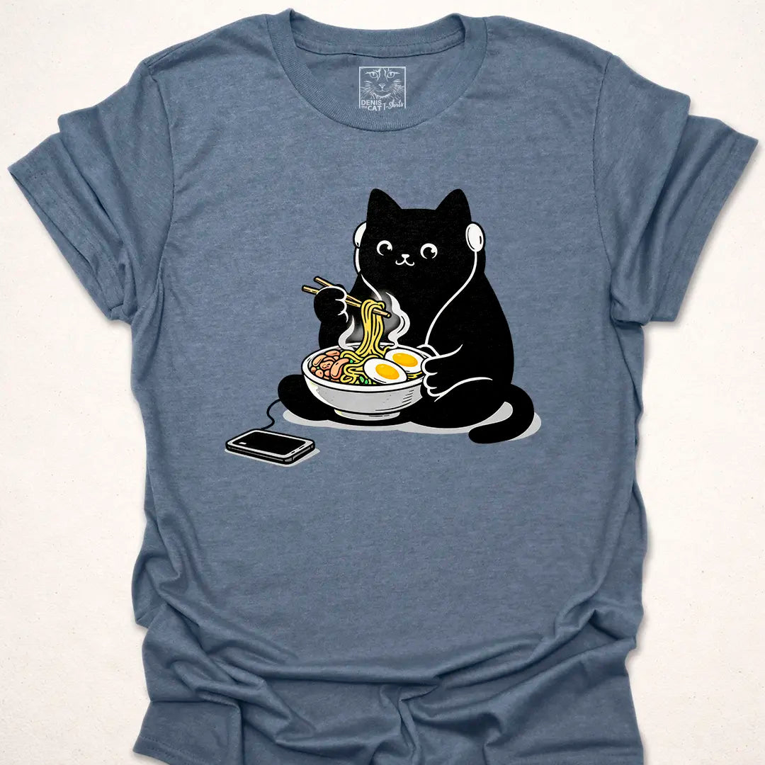 Black Blob Cat Eating Ramen